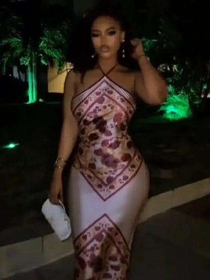 Chic Elegant Satin Dress Floral Print Slim Bodycon Women Dresses Evening Party Wedding Guest Summer Streetwear by Dropshipman