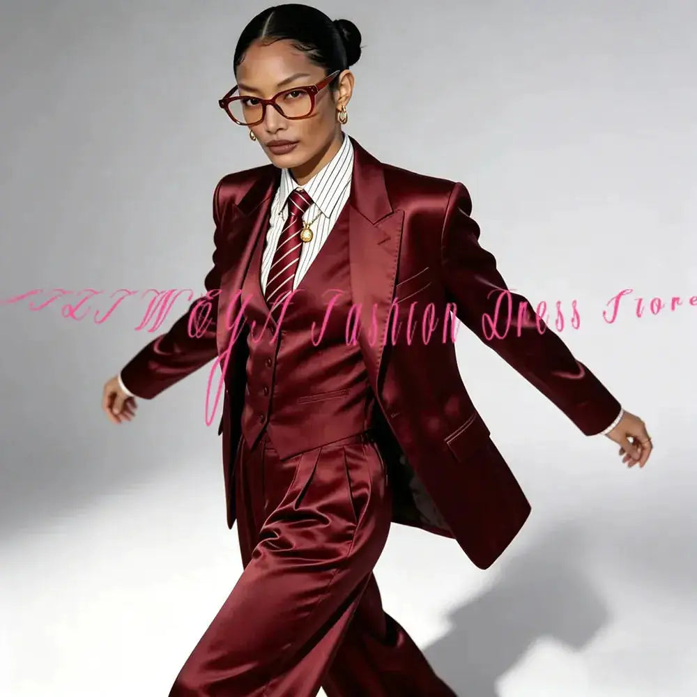 Women Satin Suit 3 Pieces Sets For Wedding Business Casual Work Office Daily Commute Blazer Set Jacket Vest Pants Customized by Dropshipman