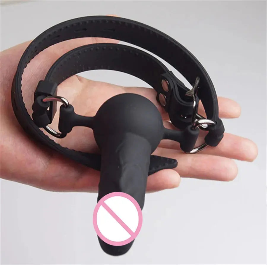 Double-ended BDSM bondage dildo from SHOPEZRA L.L.C., featuring medical silicone material and open mouth gag for adult couples.