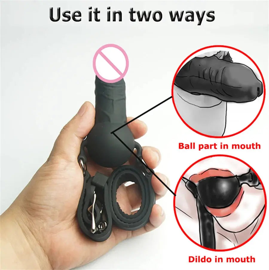 Double-ended BDSM dildo gag for couples, made of medical silicone, features open mouth design for adult fetish play.