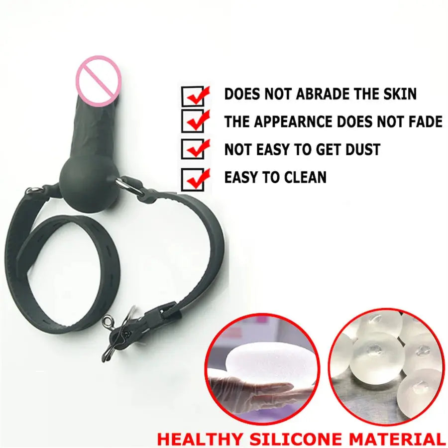 Double-ended BDSM bondage dildo gag for couples, made of medical silicone, featuring open mouth design for adult oral play.