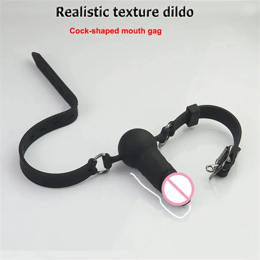 Double-ended BDSM bondage dildo gag for couples, made of medical silicone, featuring open mouth design for adult oral play.