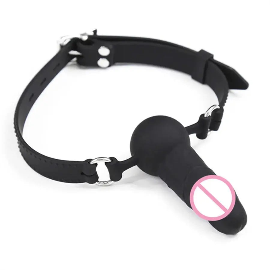 Double-ended BDSM dildo and gag made of medical silicone, designed for open-mouth bondage and adult intimate play.