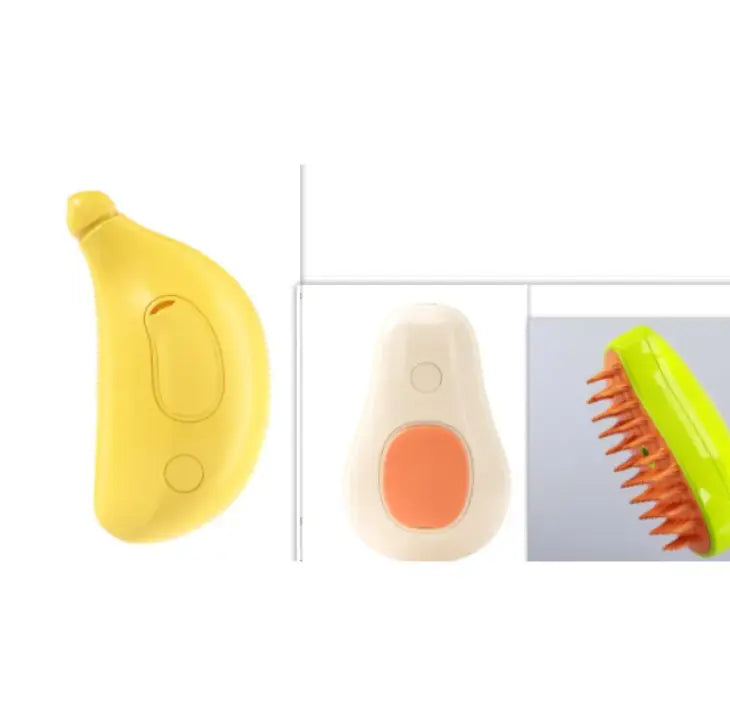 3-in-1 cat dog grooming brush in yellow and avocado shapes for pet grooming, detangling, and shedding.