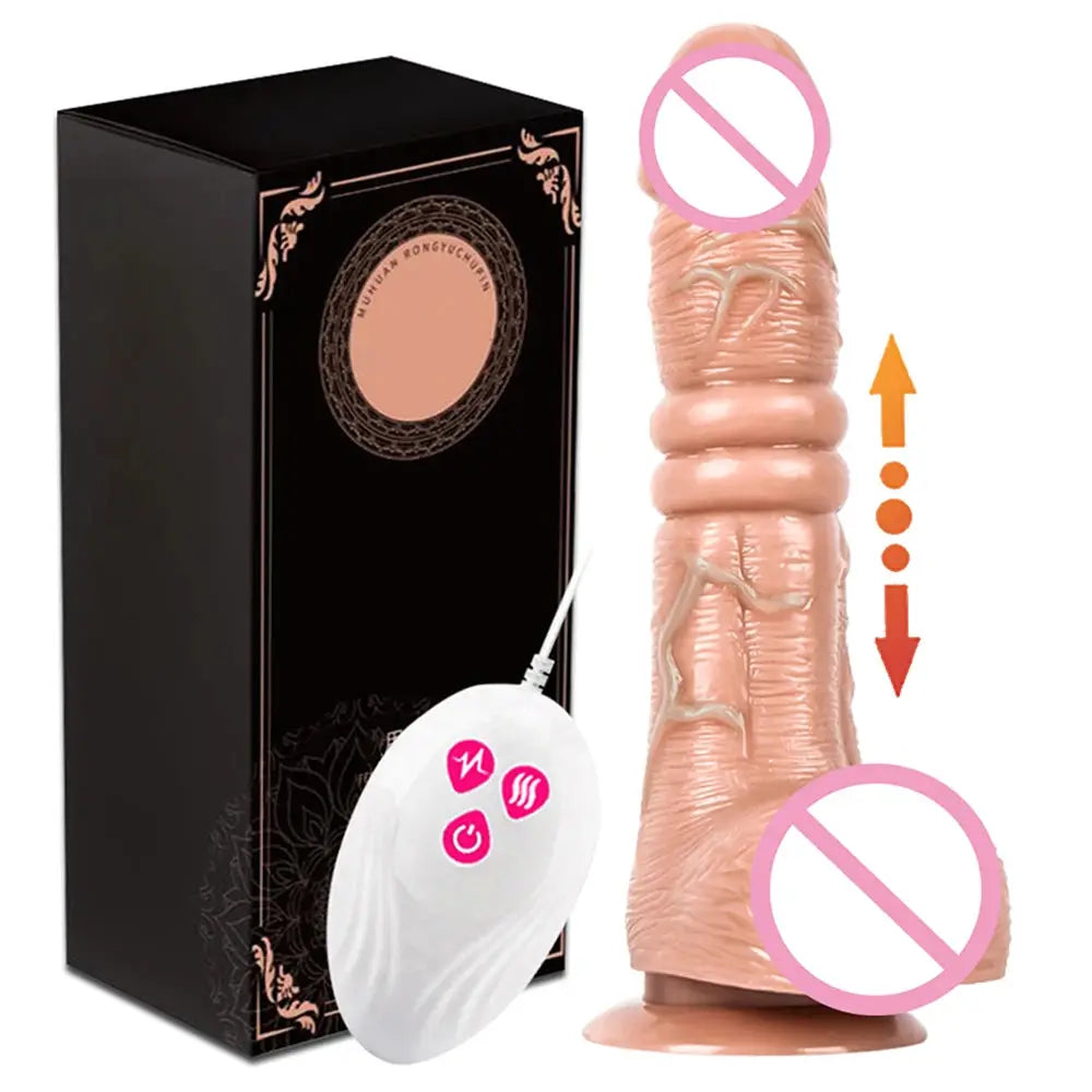 Realistic telescopic vibrating dildo with suction cup, heating feature, remote control, and thrusting motion for female masturbation.