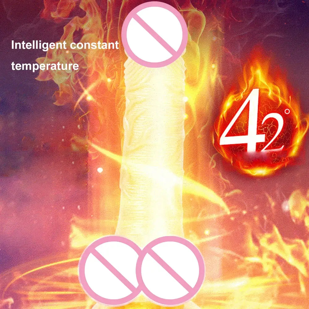 Realistic telescopic vibrating dildo with suction cup, heating feature, remote control, and thrusting motion for female masturbation.
