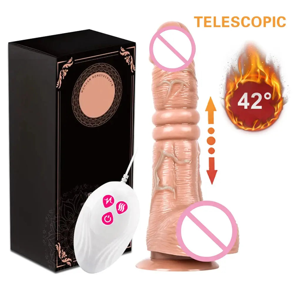 Telescopic vibrating realistic dildo with suction cup, heating, remote control, for female masturbation, from SHOPEZRA L.L.C.