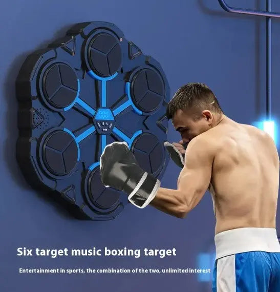 Man boxing a Bluetooth music target machine for home workouts, combining fitness and entertainment.