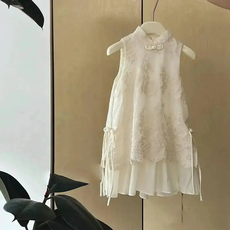 Beige baby girl Cheongsam dress with Chinese style embroidery, sleeveless summer princess dress for children by SHOPEZRA L.L.C.