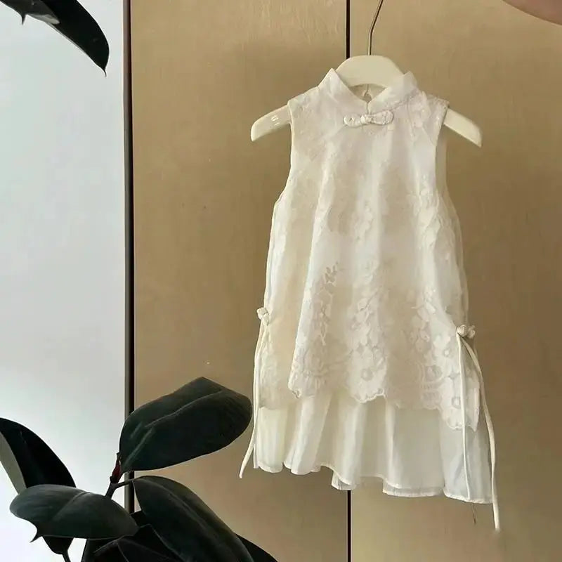 Beige baby girl Cheongsam dress with Chinese style, summer vest design, perfect for children’s princess or trendy summer occasions.
