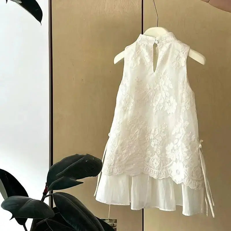 Beige Chinese-style baby girl Cheongsam dress with floral embroidery, summer sleeveless design, suitable for children or princess dress.