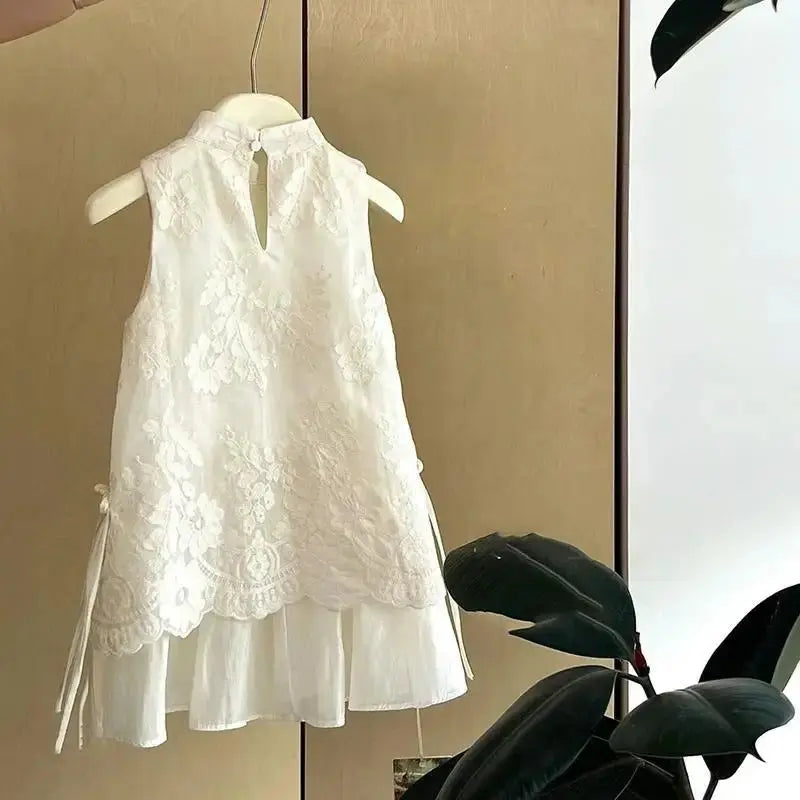 Beige baby girl Cheongsam dress with Chinese style, summer vest design, suitable for children, trendy princess dress by SHOPEZRA L.L.C.