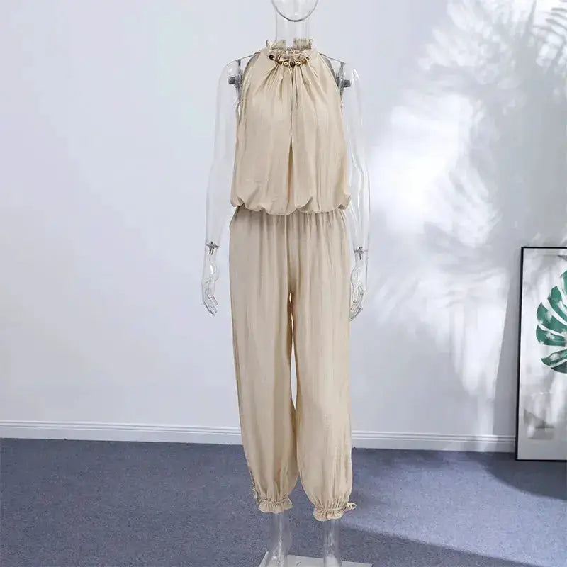 Beaded Halter Neck Bubble Top &amp; High Waist Wide Leg Pants Set 2026 Summer Casual Resort Linen Blend Office Daily Outfit by Dropshipman