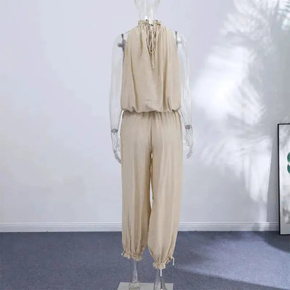 Beaded Halter Neck Bubble Top &amp; High Waist Wide Leg Pants Set 2026 Summer Casual Resort Linen Blend Office Daily Outfit by Dropshipman