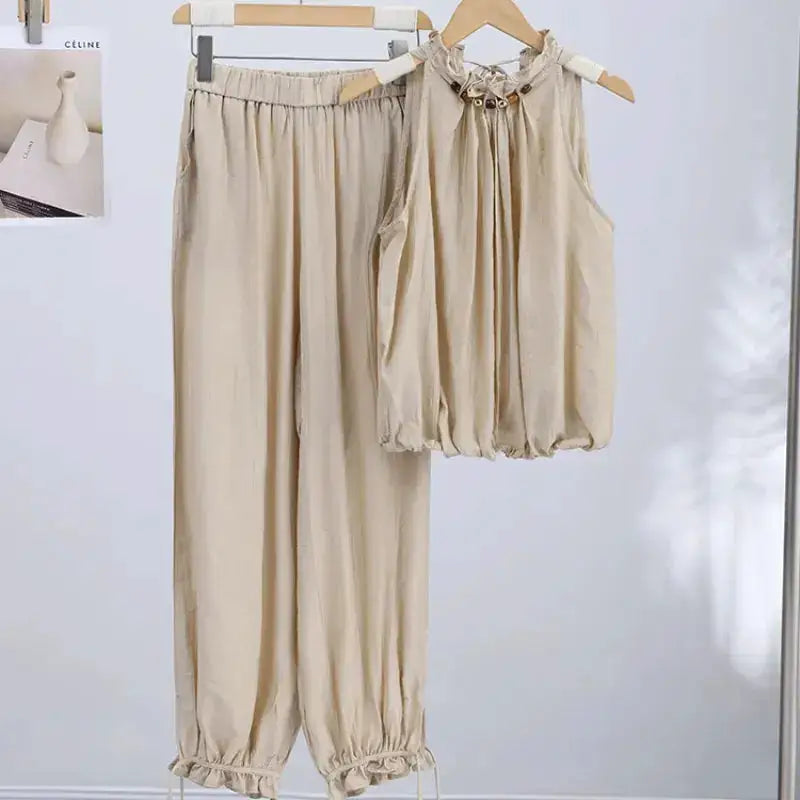 Beaded Halter Neck Bubble Top &amp; High Waist Wide Leg Pants Set 2026 Summer Casual Resort Linen Blend Office Daily Outfit by Dropshipman