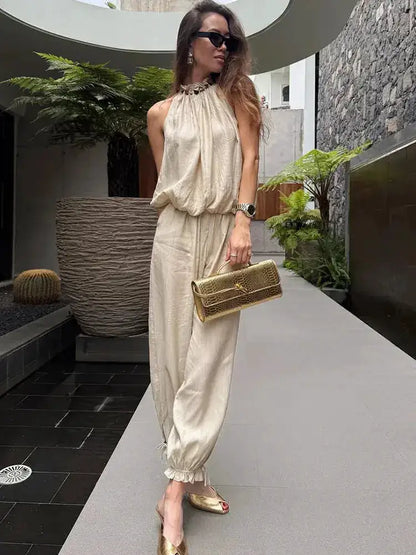 Beaded Halter Neck Bubble Top &amp; High Waist Wide Leg Pants Set 2026 Summer Casual Resort Linen Blend Office Daily Outfit by Dropshipman