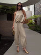 Beaded Halter Neck Bubble Top & High Waist  Wide Leg Pants Set 2026 Summer Casual Resort Linen Blend  Office Daily Outfit SHOPEZRA L.L.C.