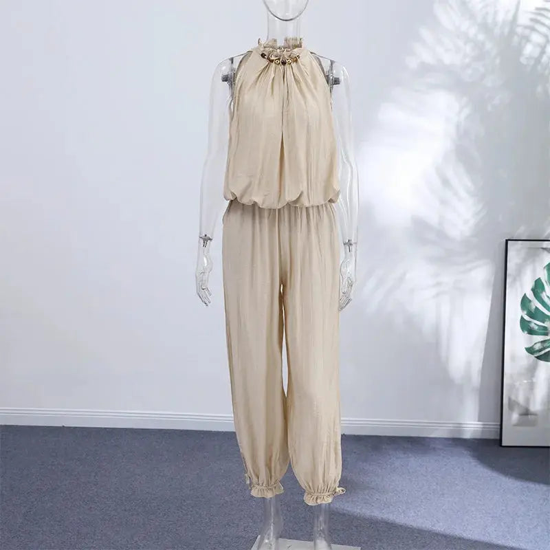 Beaded Halter Neck Bubble Top & High Waist  Wide Leg Pants Set 2026 Summer Casual Resort Linen Blend  Office Daily Outfit SHOPEZRA L.L.C.