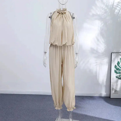 Beaded Halter Neck Bubble Top &amp; High Waist Wide Leg Pants Set 2026 Summer Casual Resort Linen Blend Office Daily Outfit by Dropshipman