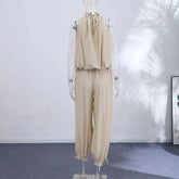 Beaded Halter Neck Bubble Top & High Waist  Wide Leg Pants Set 2026 Summer Casual Resort Linen Blend  Office Daily Outfit SHOPEZRA L.L.C.