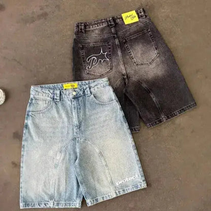 Vintage Y2k Men Women Harajuku Short Jeans Washed Embroidery American Retro Man Denim shorts Summer Loose Hip Hop Streetwear by Dropshipman