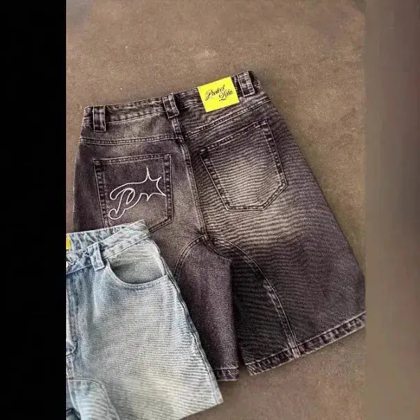 Vintage Y2k Men Women Harajuku Short Jeans Washed Embroidery American Retro Man Denim shorts Summer Loose Hip Hop Streetwear by Dropshipman