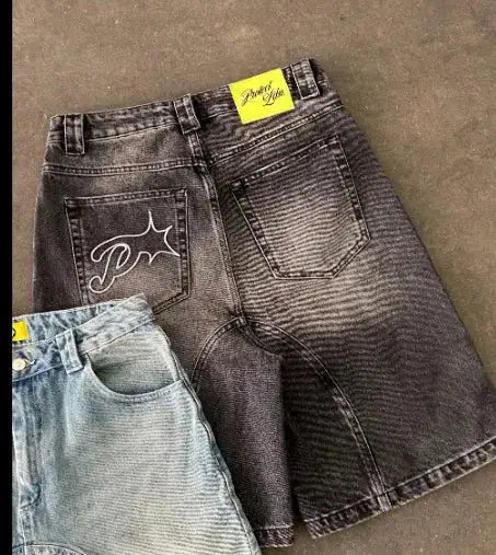 Vintage Y2k Men Women Harajuku Short Jeans Washed Embroidery American Retro Man Denim shorts Summer Loose Hip Hop Streetwear by Dropshipman