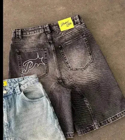 Vintage Y2k Men Women Harajuku Short Jeans Washed Embroidery American Retro Man Denim shorts Summer Loose Hip Hop Streetwear by Dropshipman