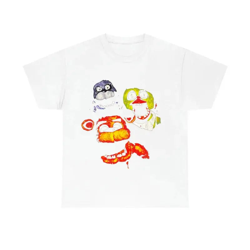 Beige 2000s high street punk cotton T-shirt with round neck, washed finish, cartoon pattern, and retro goth streetwear style.