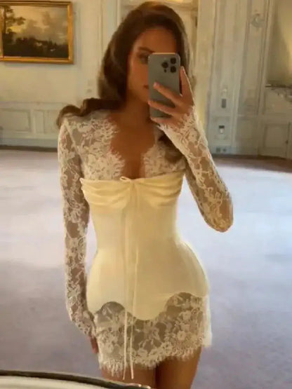 Lace Trim Bustier Dress Satin Deep V Neck Long Sleeve Ruched Sexy Elegant Bandage Vestido 2026 NEW Women‘s Evening Dresses by Dropshipman