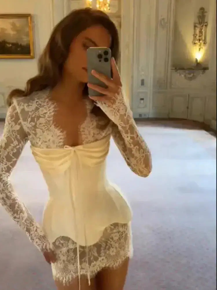 Lace Trim Bustier Dress Satin Deep V Neck Long Sleeve Ruched Sexy Elegant Bandage Vestido 2026 NEW Women‘s Evening Dresses by Dropshipman