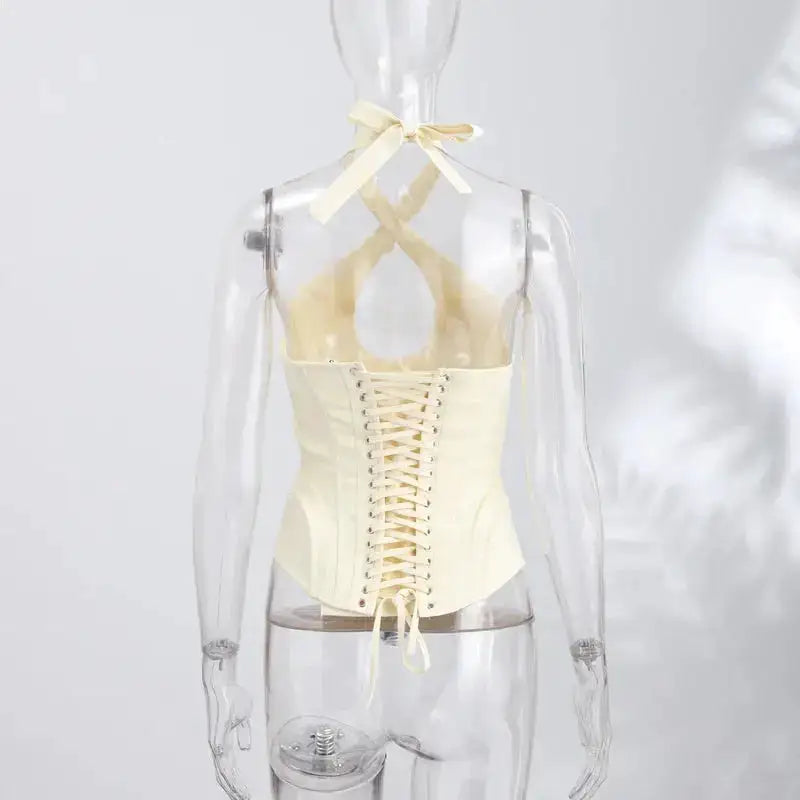 Sexy Hollow-out Fishbone Tank Tops 2026 Summer New Female Solid Halter Lace-up Backless Sleeveless Vest Women&