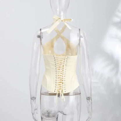 Sexy Hollow-out Fishbone Tank Tops 2026 Summer New Female Solid Halter Lace-up Backless Sleeveless Vest Women&