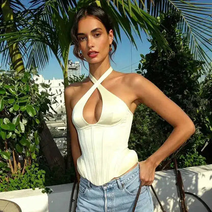 Sexy Hollow-out Fishbone Tank Tops 2026 Summer New Female Solid Halter Lace-up Backless Sleeveless Vest Women&