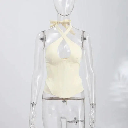 Sexy Hollow-out Fishbone Tank Tops 2026 Summer New Female Solid Halter Lace-up Backless Sleeveless Vest Women&