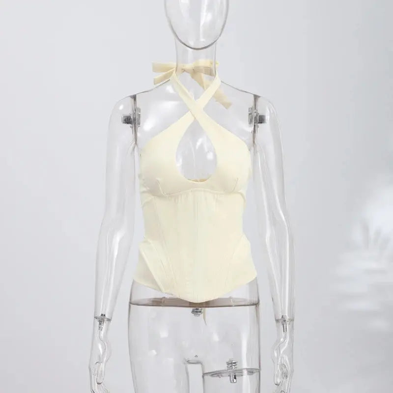 Sexy Hollow-out Fishbone Tank Tops 2026 Summer New Female Solid Halter Lace-up Backless Sleeveless Vest Women&