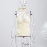 Sexy Hollow-out Fishbone Tank Tops 2026 Summer New Female Solid Halter Lace-up Backless Sleeveless Vest Women&