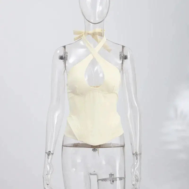 Sexy Hollow-out Fishbone Tank Tops 2026 Summer New Female Solid Halter Lace-up Backless Sleeveless Vest Women&