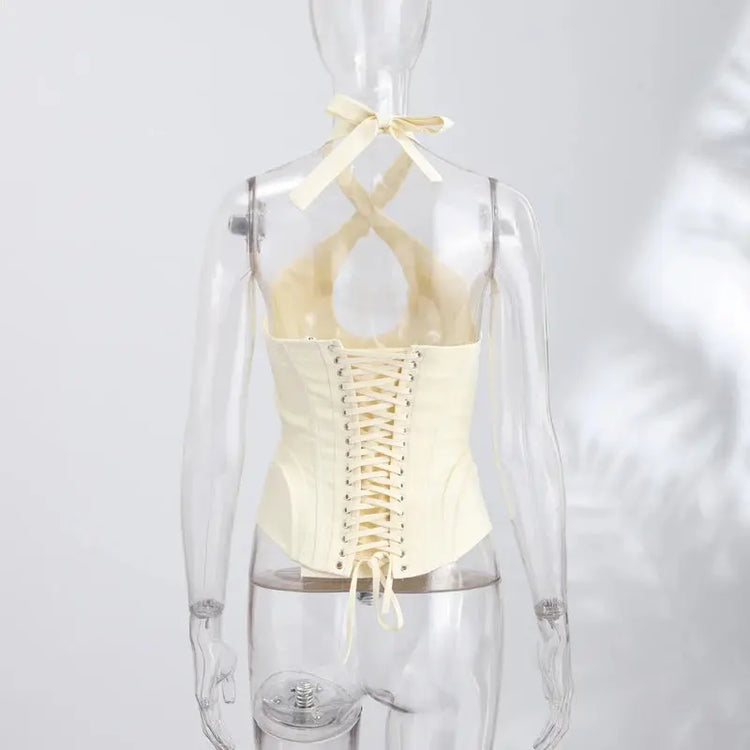 Sexy Hollow-out Fishbone Tank Tops 2026 Summer New Female Solid Halter Lace-up Backless Sleeveless Vest Women&