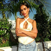 Sexy Hollow-out Fishbone Tank Tops 2026 Summer New Female Solid Halter Lace-up Backless Sleeveless Vest Women&