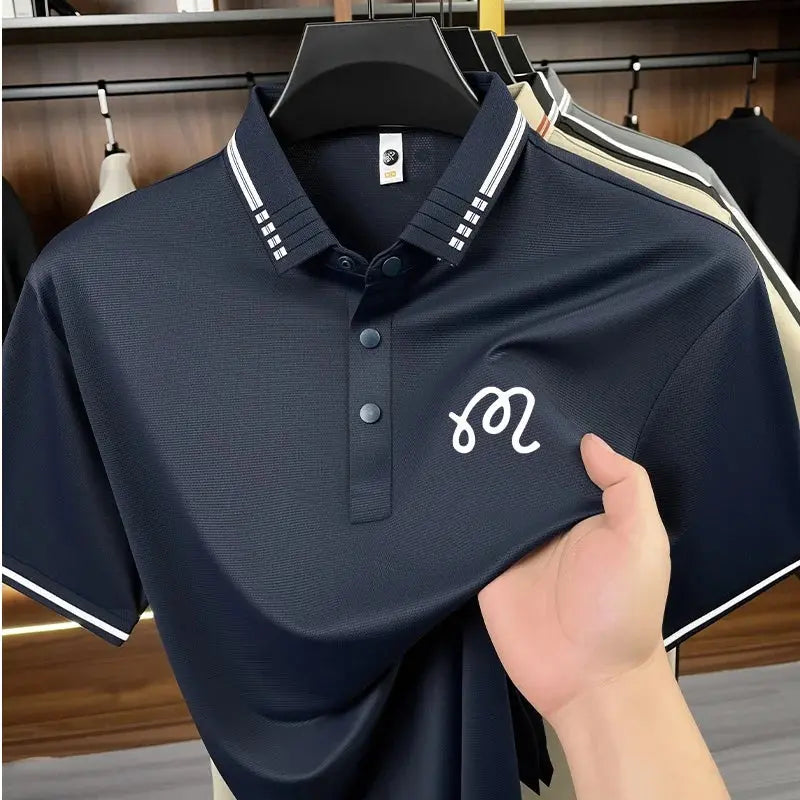 Beige men's seamless polo shirt by SHOPEZRA L.L.C., short sleeves, solid color, casual yet stylish business wear.