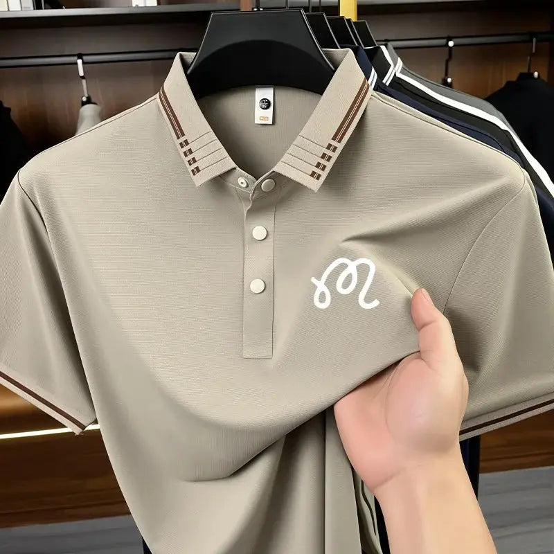 Beige men's designer seamless print polo shirt with short sleeves, solid color, casual and business wear by SHOPEZRA L.L.C.