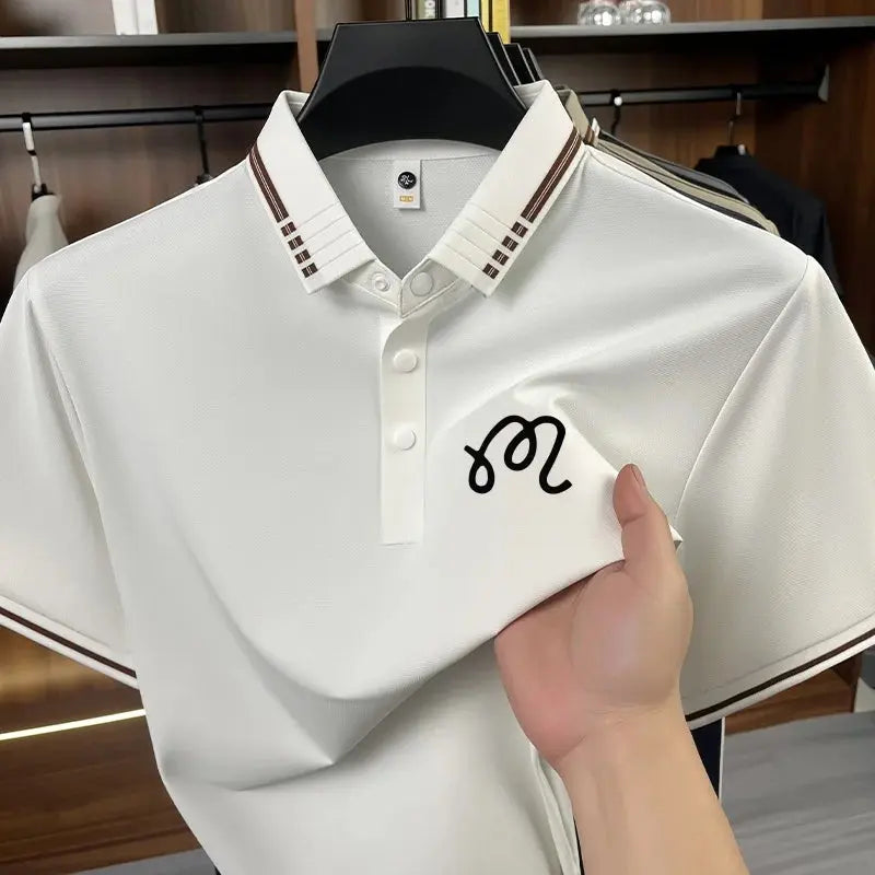 Beige men's designer seamless polo shirt with short sleeves, solid color, stylish print, ideal for casual or business wear.