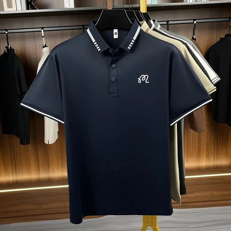 Beige men's seamless polo shirt by SHOPEZRA L.L.C., short sleeves, solid color, casual business style, designer men's fashion.