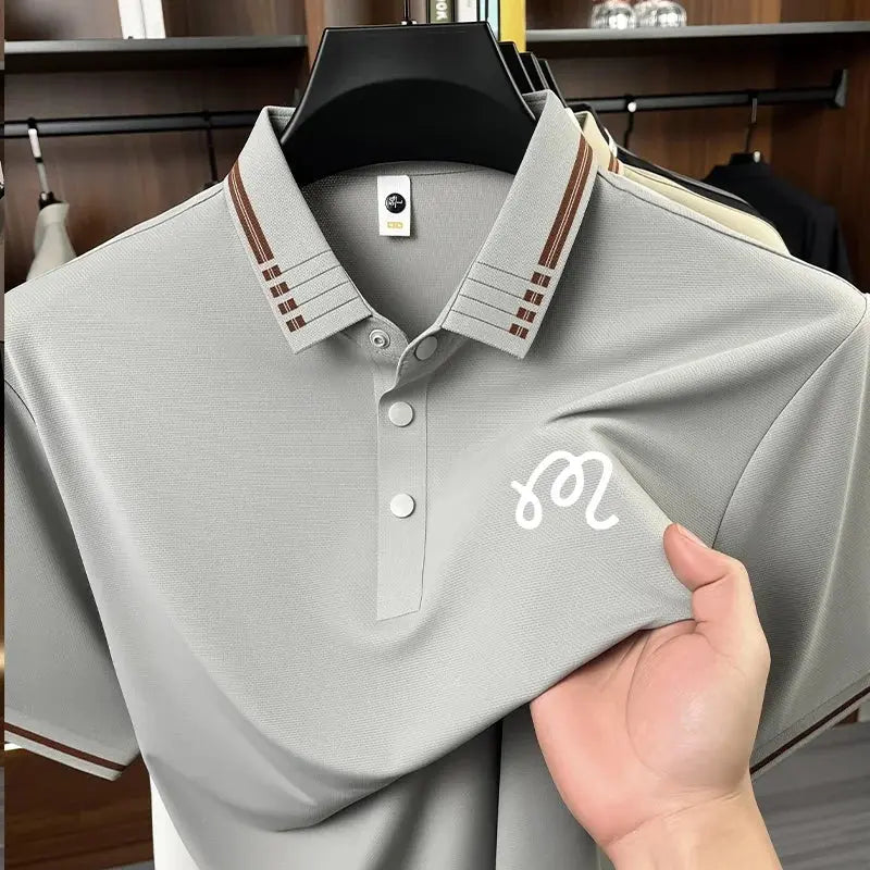 Beige men's designer polo shirt by Shopezra L.L.C., short sleeves, seamless, solid color, casual business wear.