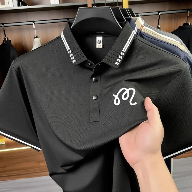 Beige men's seamless print polo shirt by SHOPEZRA L.L.C., short sleeves, solid color, casual business wear.