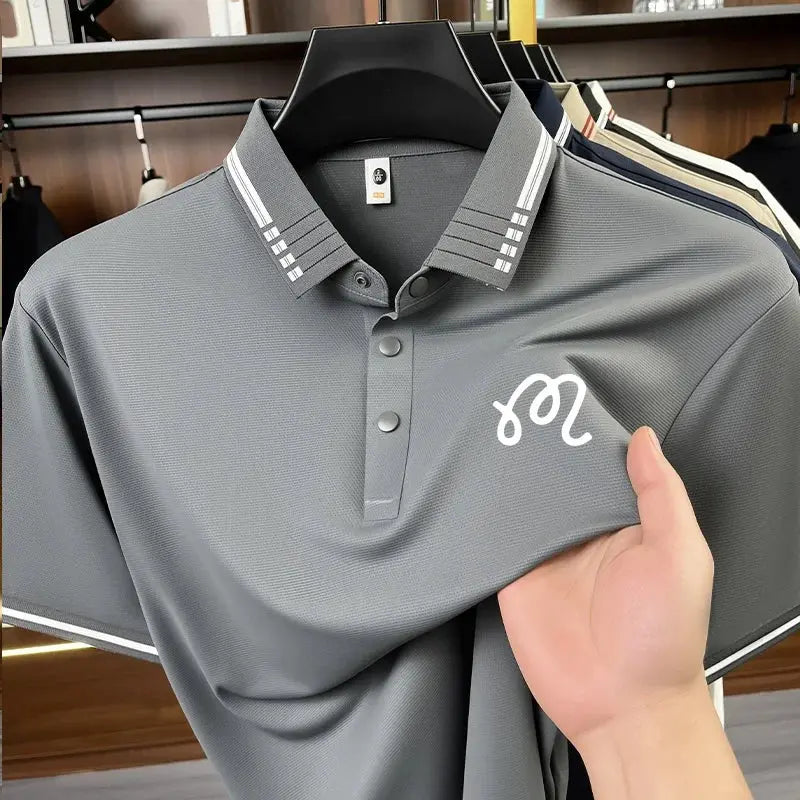 Beige men's seamless polo shirt with exquisite print, short sleeves, solid color, suitable for business casual and casual wear.
