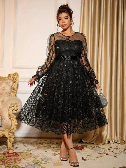 Sophisticated Dinner Dress with Sheer Sleeves and Sparkling Details for Galas by Dropshipman