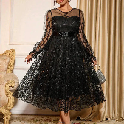 Sophisticated Dinner Dress with Sheer Sleeves and Sparkling Details for Galas by Dropshipman