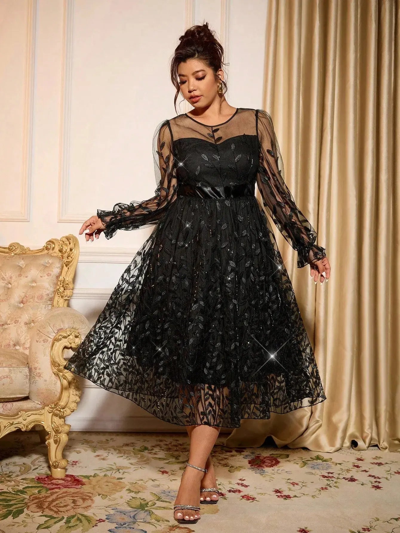 Sophisticated Dinner Dress with Sheer Sleeves and Sparkling Details for Galas SHOPEZRA L.L.C.